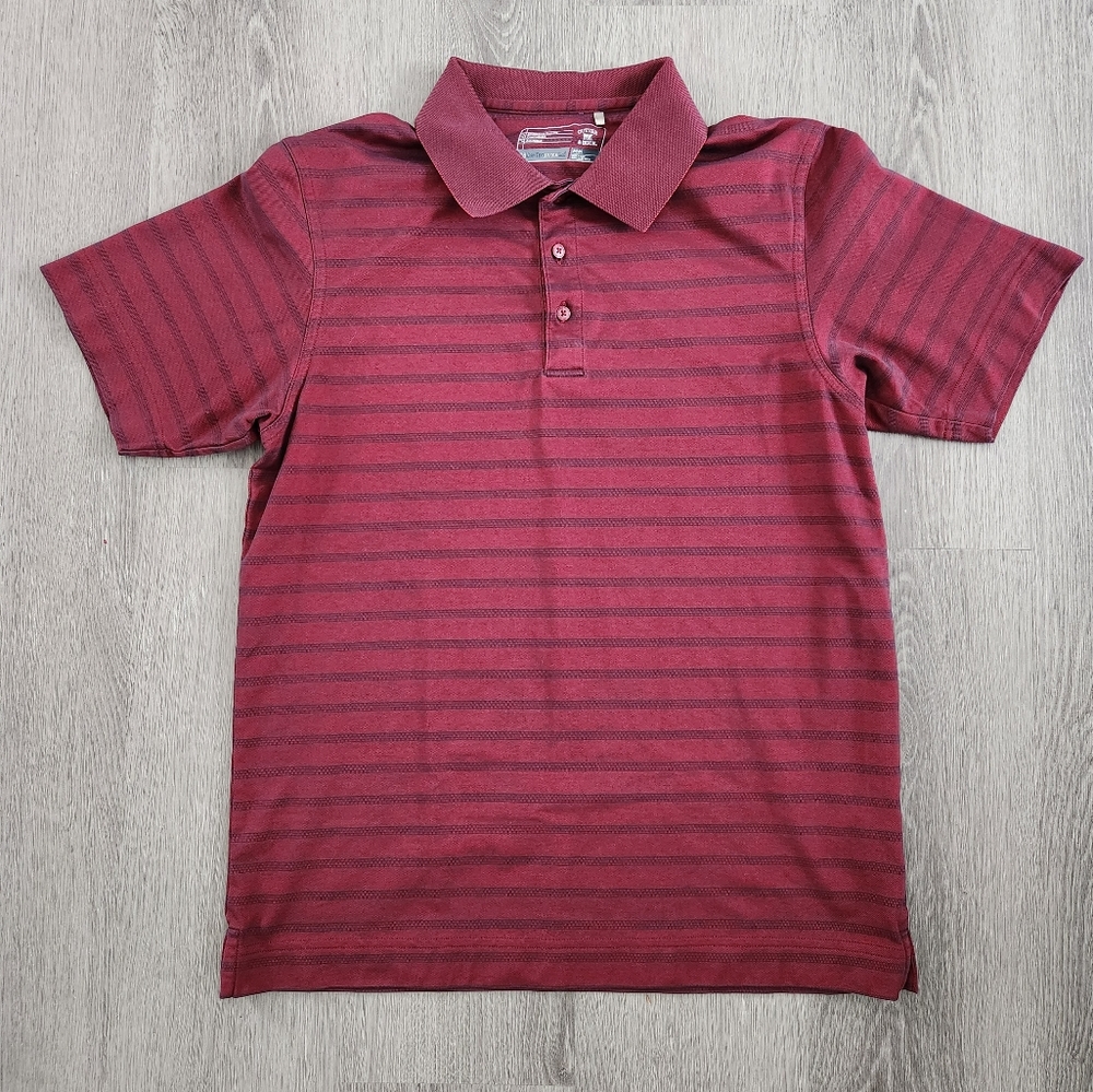 Cutter & Buck Golf Shirt DryTec Burgundy  Navy Blue Stripes Mens Size Medium